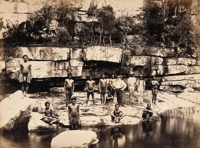 Framed Print : Eshowe, South Africa: a group of Africans at Adam's Mill, c1880s. Creator: John Wallace Bradley. Eshowe, South Africa: a group of Africans at Adam's Mill, c1880s