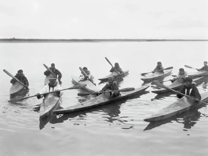 Framed Print : Eskimos in kayaks, Noatak, Alaska, c1929. Creator: Edward Sheriff Curtis