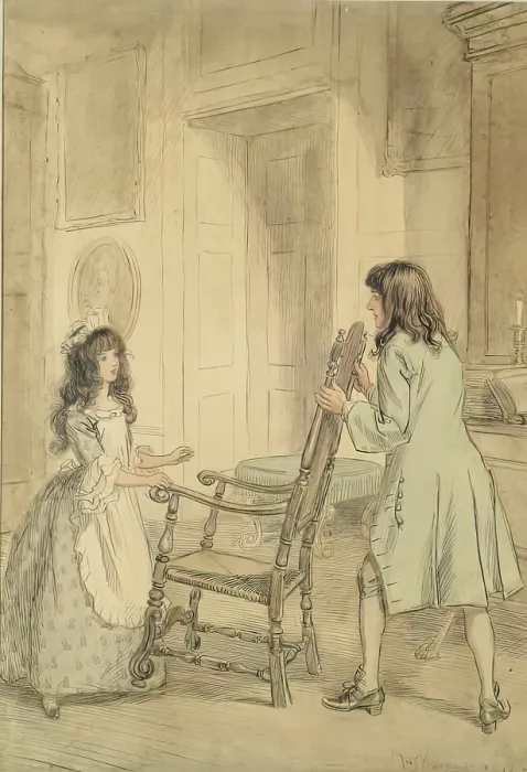 Framed Print : Esmond Placed the Great Chair between Him and Her, 1905. Creator: Hugh Thomson Framed Print : Esmond Placed the Great Chair between Him and Her, 1905. Creator: Hugh Thomson