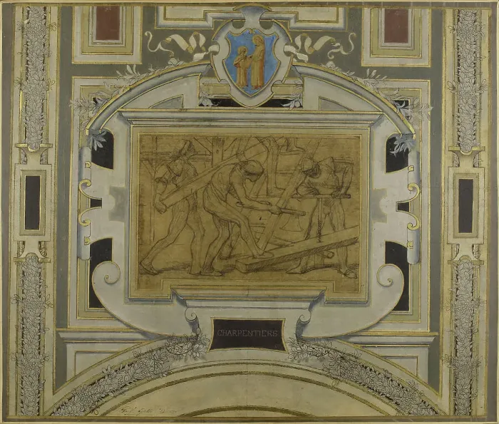 Framed Print : Esquisse pour la galerie des métiers de l'Hôtel de Ville : Charpentiers, 1890. Creator: Pierre Victor Galland Framed Print : Esquisse pour la galerie des métiers de l'Hôtel de Ville : Charpentiers, 1890. Creator: Pierre Victor Galland
