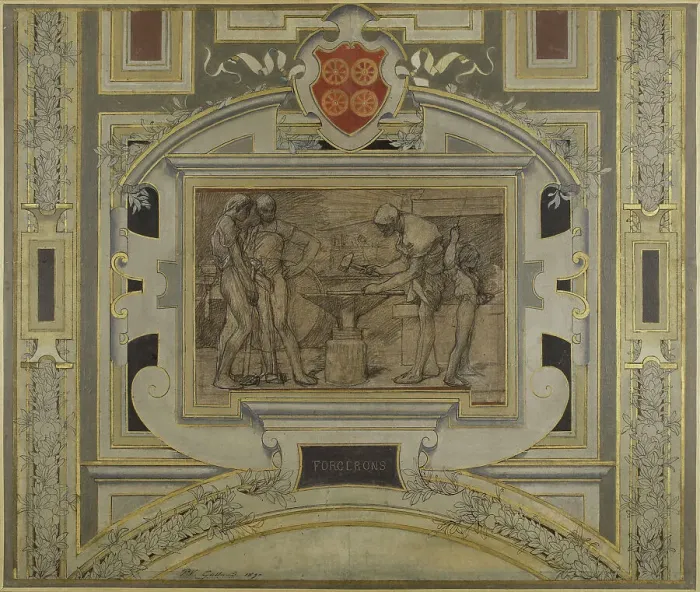 Framed Print : Esquisse pour la galerie des Métiers de l'Hôtel de Ville: Forgerons, 1890. Creator: Pierre Victor Galland Framed Print : Esquisse pour la galerie des Métiers de l'Hôtel de Ville: Forgerons, 1890. Creator: Pierre Victor Galland