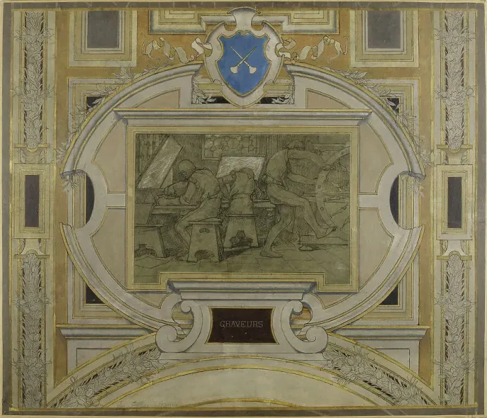 Framed Print : Esquisse pour la galerie des Métiers de l'Hôtel de Ville : Graveurs, 1890. Creator: Pierre Victor Galland Framed Print : Esquisse pour la galerie des Métiers de l'Hôtel de Ville : Graveurs, 1890. Creator: Pierre Victor Galland