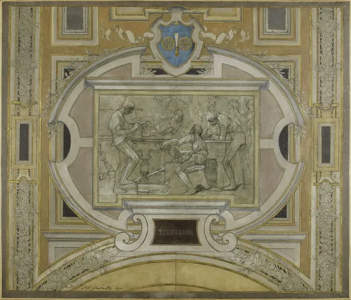Framed Print : Esquisse pour la galerie des Métiers de l'Hôtel de Ville : Tourneurs, 1890. Creator: Pierre Victor Galland Framed Print : Esquisse pour la galerie des Métiers de l'Hôtel de Ville : Tourneurs, 1890. Creator: Pierre Victor Galland