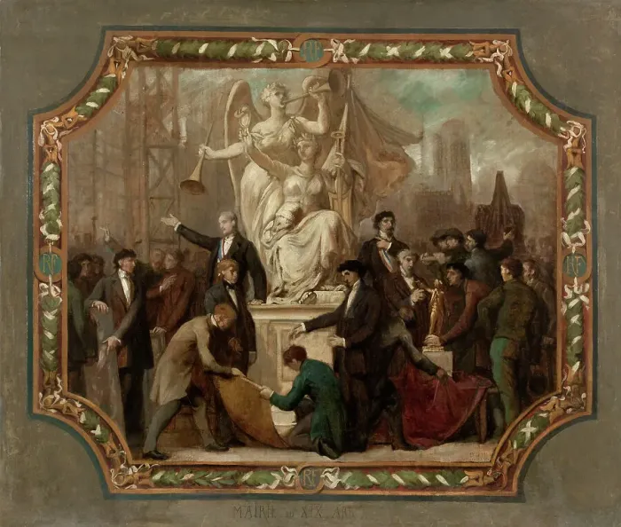 Framed Print : Esquisse pour la salle des mariages de la mairie du 19ème arrondissement : Allégorie des... 1880. Creator: Emile Jean Baptiste Philippe Bin