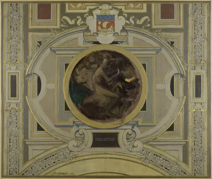 Framed Print : Esquisse pour la voûte de la galerie des Métiers de l'Hôtel de Ville : Industrie, 1890. Creator: Pierre Victor Galland Framed Print : Esquisse pour la voûte de la galerie des Métiers de l'Hôtel de Ville : Industrie, 1890. Creator: Pierre Victor Galland