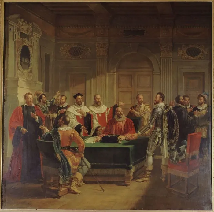 Framed Print : Esquisse pour l'ancien Hôtel de Ville de Paris : Brissac négociant auprès des échevins... c.1827. Creator: Jean-Baptiste Messier Framed Print : Esquisse pour l'ancien Hôtel de Ville de Paris : Brissac négociant auprès des échevins... c.1827. Creator: Jean-Baptiste Messier