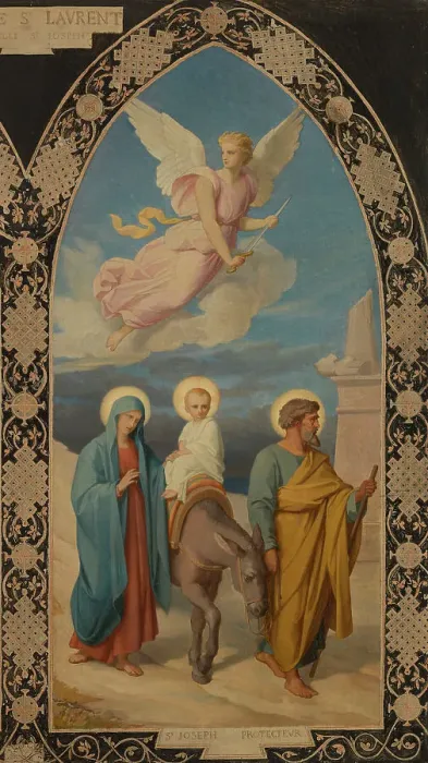 Framed Print : Esquisse pour l'église saint Laurent : Saint Joseph aux pieds de Jésus Christ - la Fuite... 1878. Creator: Louis Stanislas Faivre-Duffer Framed Print : Esquisse pour l'église saint Laurent : Saint Joseph aux pieds de Jésus Christ - la Fuite... 1878. Creator: Louis Stanislas Faivre-Duffer