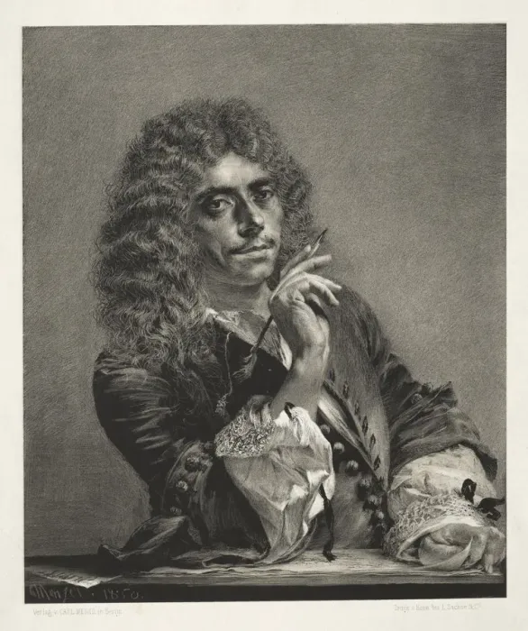 Framed Print : Essay on Stone with Brush and Scraper: Portrait of Moliere, 1850. Creator: Adolph von Menzel Framed Print : Essay on Stone with Brush and Scraper: Portrait of Moliere, 1850. Creator: Adolph von Menzel