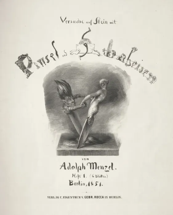 Framed Print : Essay on Stone with Brush and Scraper: Title Page, 1851. Creator: Adolph von Menzel (German Framed Print : Essay on Stone with Brush and Scraper: Title Page, 1851. Creator: Adolph von Menzel (German