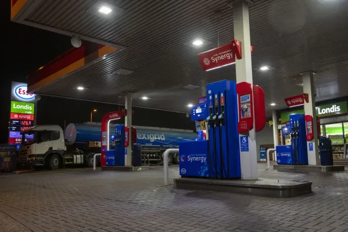 Framed Print : Esso petrol station forecourt with tanker delivering fuel, 2020. Creator: Tim Woodcock Framed Print : Esso petrol station forecourt with tanker delivering fuel, 2020. Creator: Tim Woodcock