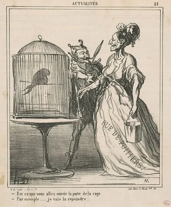Framed Print : Est-ce que vous allez ouvrir la porte de la cage... 19th century. Creator: Honore Daumier Framed Print : Est-ce que vous allez ouvrir la porte de la cage... 19th century. Creator: Honore Daumier