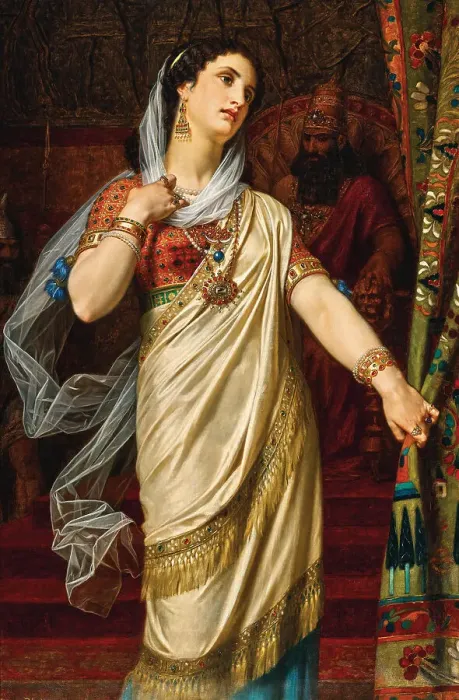Framed Print : Esther before Ahasuerus, 1875. Creator: Merle, Hugues (1823-1881)
