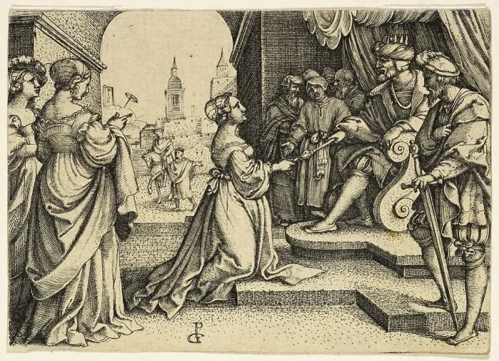 Framed Print : Esther before Ahasuerus, n.d. Creator: Master I.B Framed Print : Esther before Ahasuerus, n.d. Creator: Master I.B