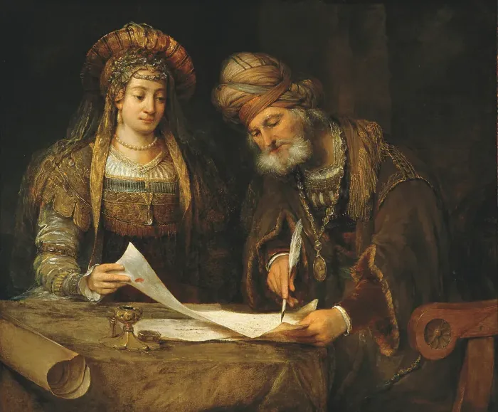 Framed Print : Esther and Mordechai, 1675. Artist: Gelder, Aert de (1645-1727) Framed Print : Esther and Mordechai, 1675. Artist: Gelder, Aert de (1645-1727)