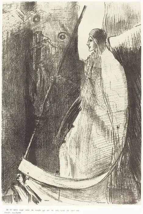 Framed Print : Et un autre ange sortit du temple qui est au ciel, ayant lui aussi une faucille tranchante... 1899. Creator: Odilon Redon Framed Print : Et un autre ange sortit du temple qui est au ciel, ayant lui aussi une faucille tranchante... 1899. Creator: Odilon Redon