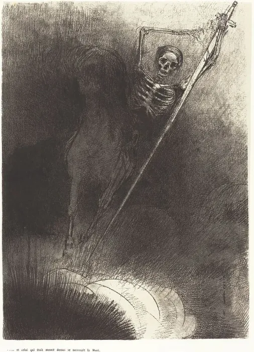Framed Print : Et celui qui était monté dessus se nommait la Mort (And his name that sat on him was Death), 1899. Creator: Odilon Redon Framed Print : Et celui qui était monté dessus se nommait la Mort (And his name that sat on him was Death), 1899. Creator: Odilon Redon