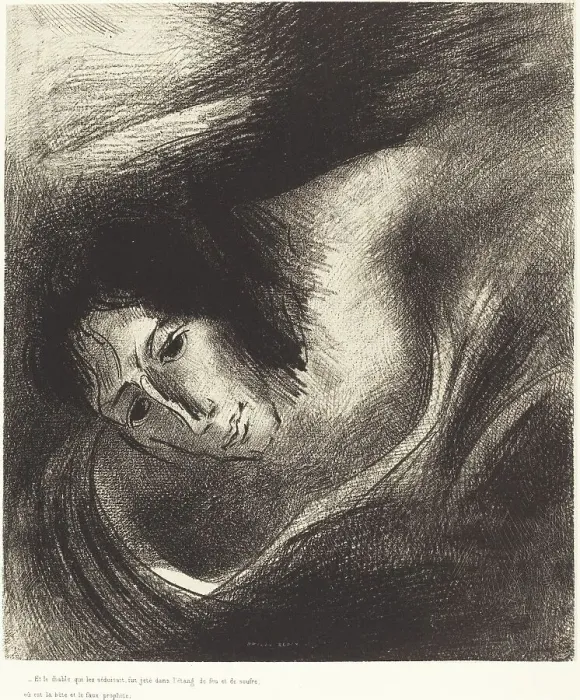 Framed Print : Et le diable qui les seduisait, fut jete dans l'etang de feu et de soufre, ou es la b ete et... 189 Creator: Odilon Redon Framed Print : Et le diable qui les seduisait, fut jete dans l'etang de feu et de soufre, ou es la b ete et... 189 Creator: Odilon Redon