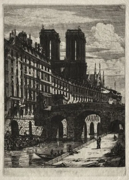 Framed Print : Etchings of Paris: The Little Bridge, 1850. Creator: Charles Meryon (French, 1821-1868)