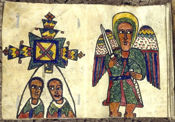 Ethopian prayer book showing an angel with a sword and two men, possibly priests, 19th century