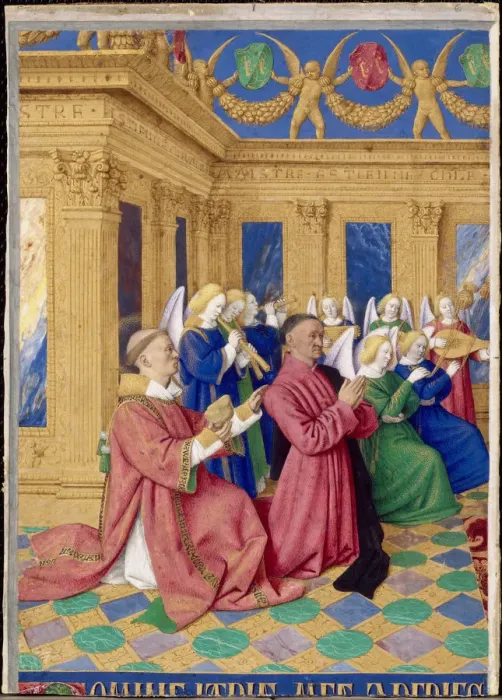 Framed Print : Etienne Chevalier with Saint Stephen, ca 1455. Artist: Fouquet, Jean (1420?1481) Framed Print : Etienne Chevalier with Saint Stephen, ca 1455. Artist: Fouquet, Jean (1420?1481)