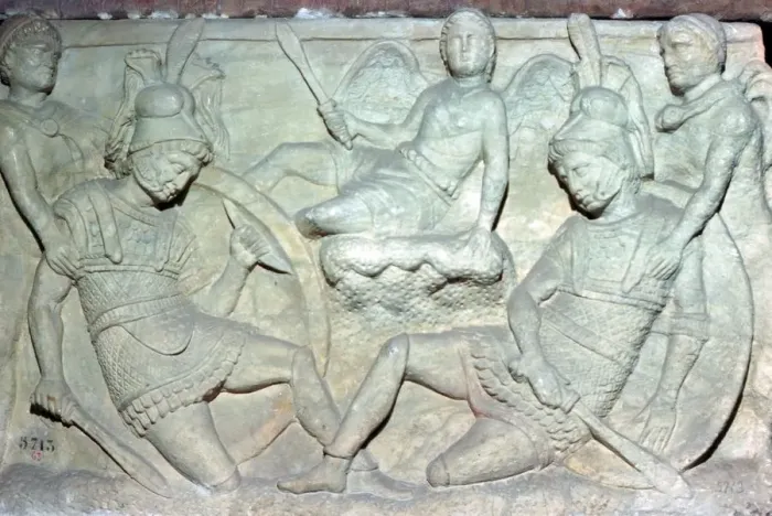 Framed Print : Detail of an Etruscan sarcophagus from Chiusi showing the death of Eteocles and Polynices Framed Print : Detail of an Etruscan sarcophagus from Chiusi showing the death of Eteocles and Polynices