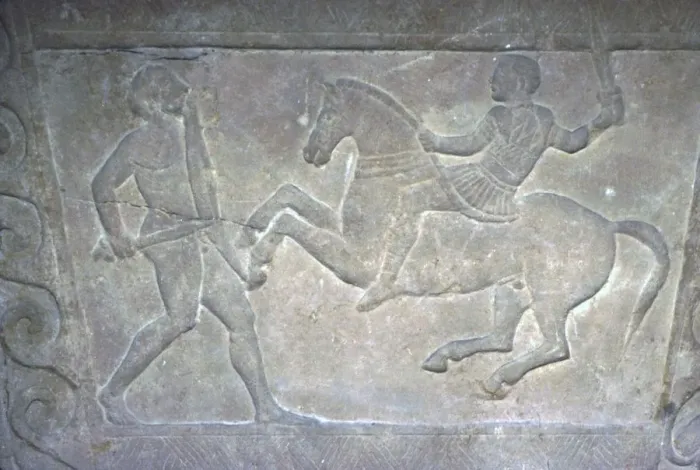 Framed Print : Etruscan Stela Detail, Combat between horseman and foot-soldier, c4th century BC Framed Print : Etruscan Stela Detail, Combat between horseman and foot-soldier, c4th century BC