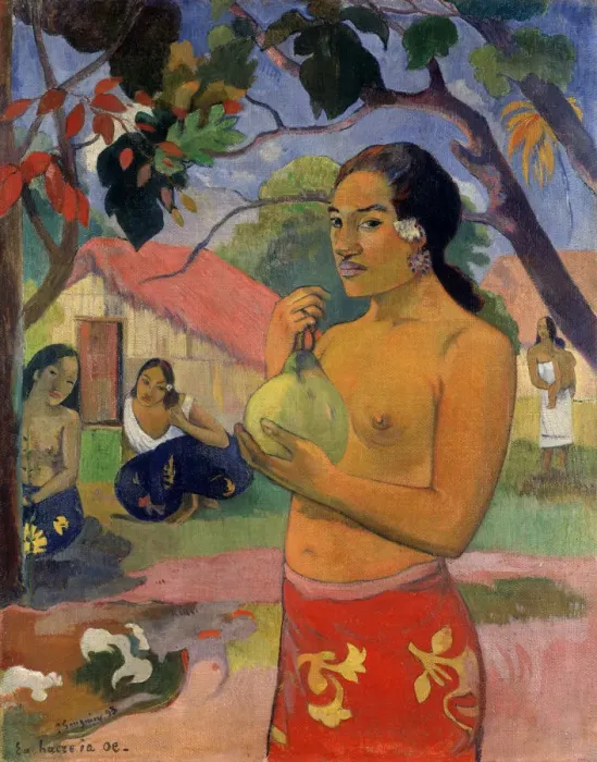 Framed Print : Eu haere ia oe (Woman Holding a Fruit. Where Are You Going?), 1893. Artist: Paul Gauguin Framed Print : Eu haere ia oe (Woman Holding a Fruit. Where Are You Going?), 1893. Artist: Paul Gauguin