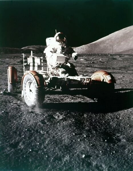 Eugene Cernan using the Rover on the lunar surface, Apollo 17 mission, December 1972