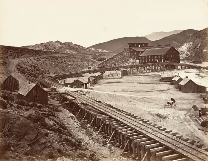 Framed Print : Eureka Quartz Mill and Flume, Nevada, 1875, printed ca. 1876 Framed Print : Eureka Quartz Mill and Flume, Nevada, 1875, printed ca. 1876