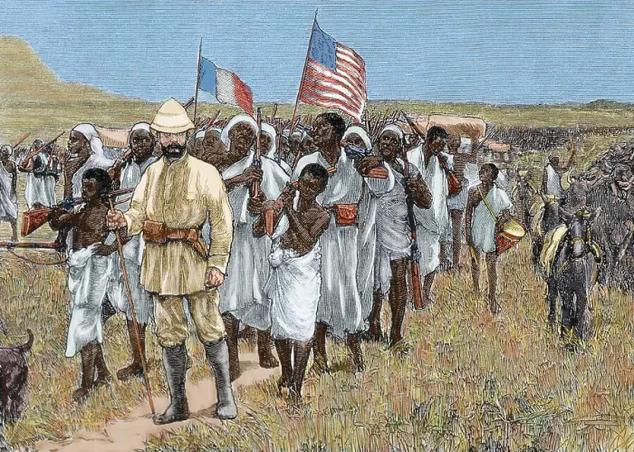 Framed Print : European-American expedition exploring the Unyoro area on the African continent, 1880. Creator: Unknown Framed Print : European-American expedition exploring the Unyoro area on the African continent, 1880. Creator: Unknown