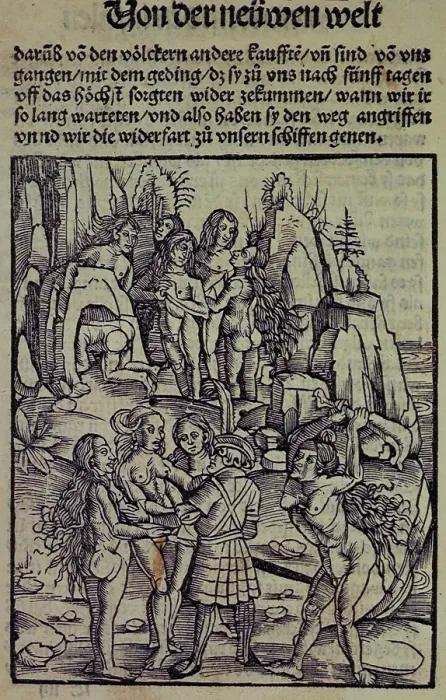 Framed Print : A European about to be attacked by an indigenous person, 1509. Creator: Unknown Framed Print : A European about to be attacked by an indigenous person, 1509. Creator: Unknown