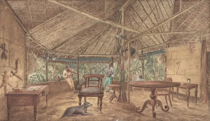 Framed Print : European Men in an African Jungle Lodge, 1886. Creator: Anon Framed Print : European Men in an African Jungle Lodge, 1886. Creator: Anon