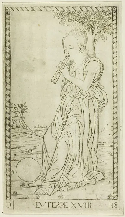 Framed Print : Euterpe, plate eighteen from Apollo and the Muses, c.1465. Creator: Unknown Framed Print : Euterpe, plate eighteen from Apollo and the Muses, c.1465. Creator: Unknown