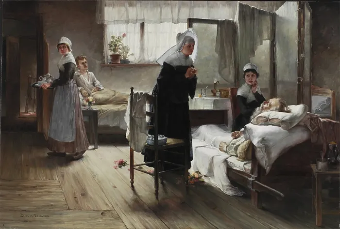 Framed Print : Evangeline Discovering her Affianced in the Hospital, between 1887 and 1889. Creator: Samuel G Richards Framed Print : Evangeline Discovering her Affianced in the Hospital, between 1887 and 1889. Creator: Samuel G Richards