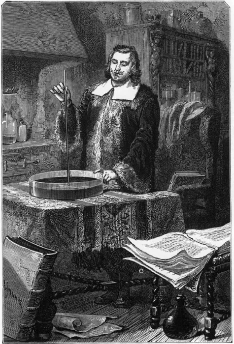 Framed Print : Evangelista Torricelli, Italian physicist, inventing the mercury barometer, 1643 (1873) Framed Print : Evangelista Torricelli, Italian physicist, inventing the mercury barometer, 1643 (1873)