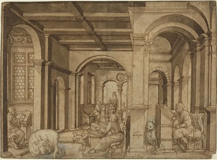 Framed Print : Four Evangelists in a Scriptorium, 1539. Creator: Master I.K Framed Print : Four Evangelists in a Scriptorium, 1539. Creator: Master I.K