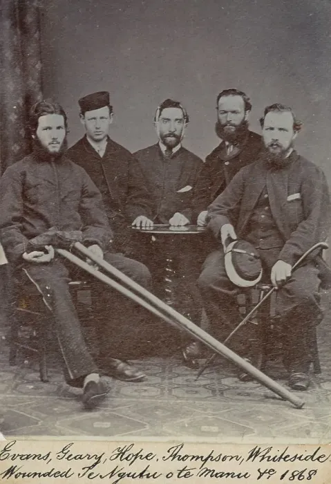 Framed Print : Evans, Geary, Hope, Thompson, Whiteside, wounded Te Ngutu o te Manu 1868, c.1900. Creator: William Francis Gordon Framed Print : Evans, Geary, Hope, Thompson, Whiteside, wounded Te Ngutu o te Manu 1868, c.1900. Creator: William Francis Gordon
