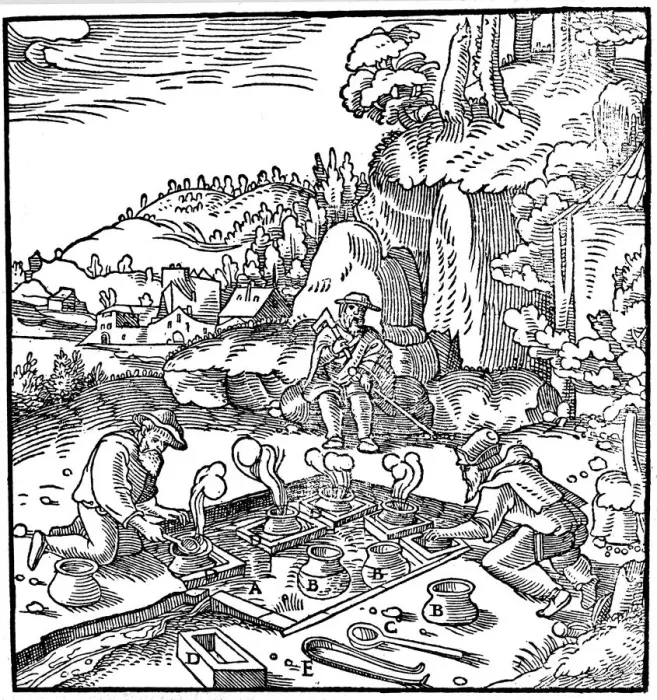 Framed Print : Evaporating pots of brine in a natural hot spring to obtain salt, 1556 Framed Print : Evaporating pots of brine in a natural hot spring to obtain salt, 1556