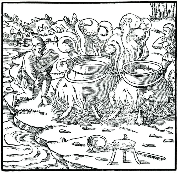 Framed Print : Evaporating sea water in iron pots to obtain salt, 1556 Framed Print : Evaporating sea water in iron pots to obtain salt, 1556