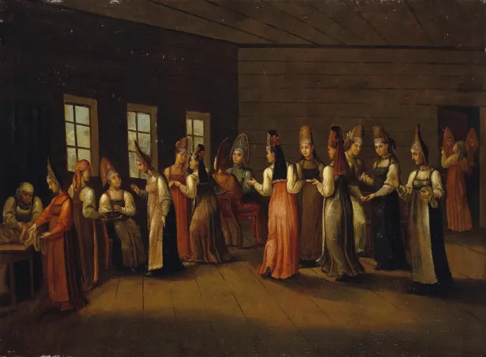 Framed Print : Eve-of-the-wedding party in a Merchants House, First quarter of 19th century. Artist: Anonymous Framed Print : Eve-of-the-wedding party in a Merchants House, First quarter of 19th century. Artist: Anonymous