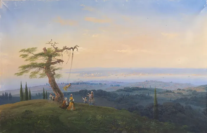 Framed Print : Evening Amusements outside the Gates of Constantinople, 1841. Artist: Bossoli, Carlo (1815-1884) Framed Print : Evening Amusements outside the Gates of Constantinople, 1841. Artist: Bossoli, Carlo (1815-1884)