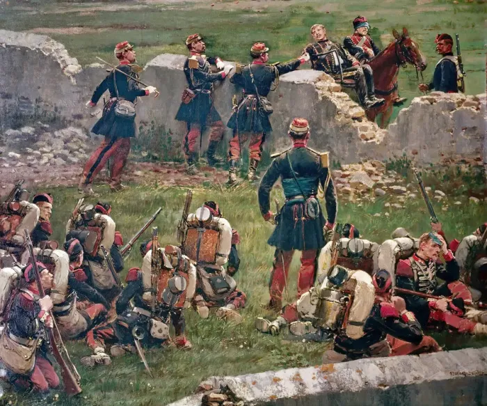 Framed Print : Evening of the battle of Rezonville (Gravelotte). Grenadiers of the Imperial Guard at rest, 16 Augus Artist: Detaille, Edouard (1848-1912) Framed Print : Evening of the battle of Rezonville (Gravelotte). Grenadiers of the Imperial Guard at rest, 16 Augus Artist: Detaille, Edouard (1848-1912)