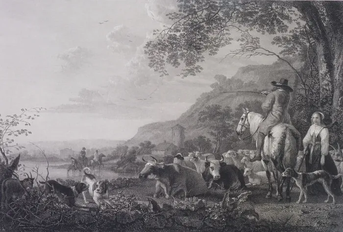 Framed Print : Evening, a composition, c.1832. Creators: Edward Goodall, Aelbert Cuyp Framed Print : Evening, a composition, c.1832. Creators: Edward Goodall, Aelbert Cuyp