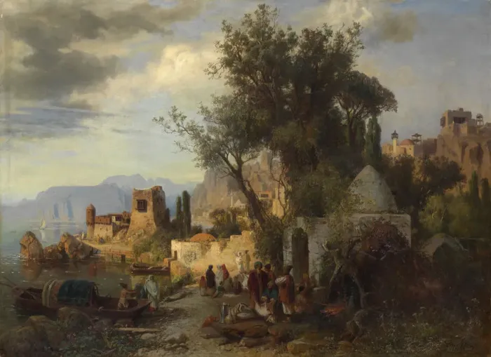 Framed Print : Evening by the Kura River near Tiflis. Artist: Franken, Paul von (1818-1884) Framed Print : Evening by the Kura River near Tiflis. Artist: Franken, Paul von (1818-1884)