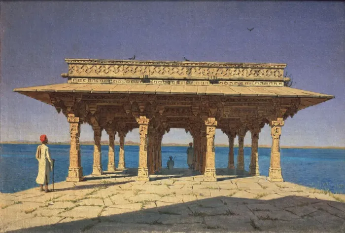 Framed Print : Evening at the Lake (Jaipur District of Rajasthan state, India), 1874. Artist: Vereshchagin, Vasili Vasilyevich (1842-1904)