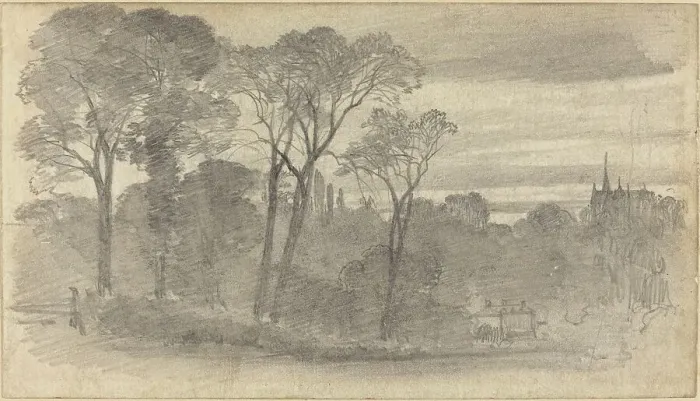 Framed Print : An Evening Landscape with a Distant Cathedral. Creator: Birket Foster