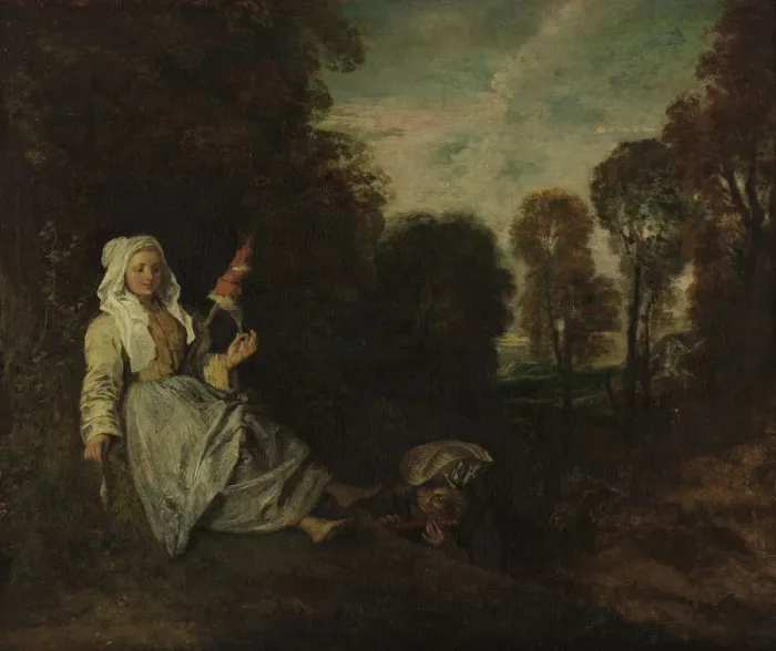 Framed Print : Evening Landscape with Spinner, ca 1715. Artist: Watteau, Jean Antoine (1684-1721) Framed Print : Evening Landscape with Spinner, ca 1715. Artist: Watteau, Jean Antoine (1684-1721)
