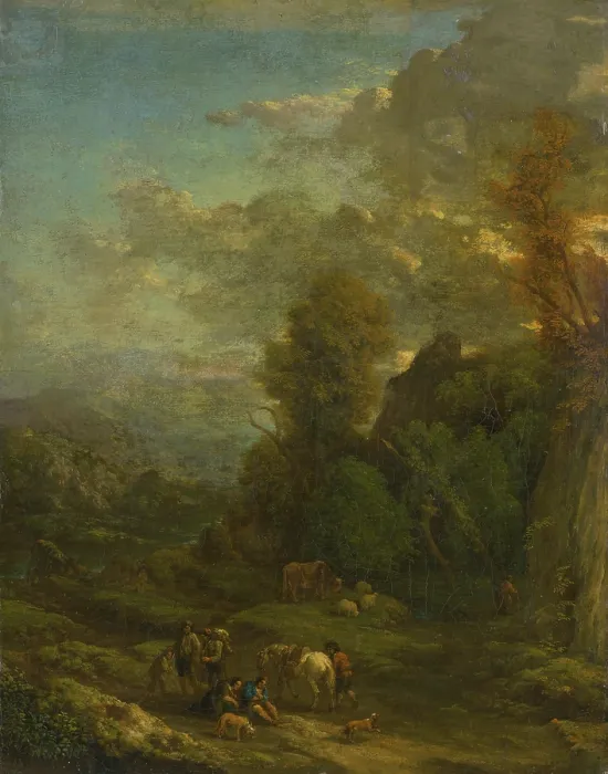 Framed Print : Evening landscape with travellers, c1700. Creator: Cornelis Huysmans Framed Print : Evening landscape with travellers, c1700. Creator: Cornelis Huysmans