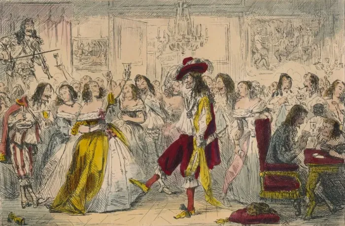 Framed Print : Evening Party - Time of Charles II, 1850. Artist: John Leech Framed Print : Evening Party - Time of Charles II, 1850. Artist: John Leech