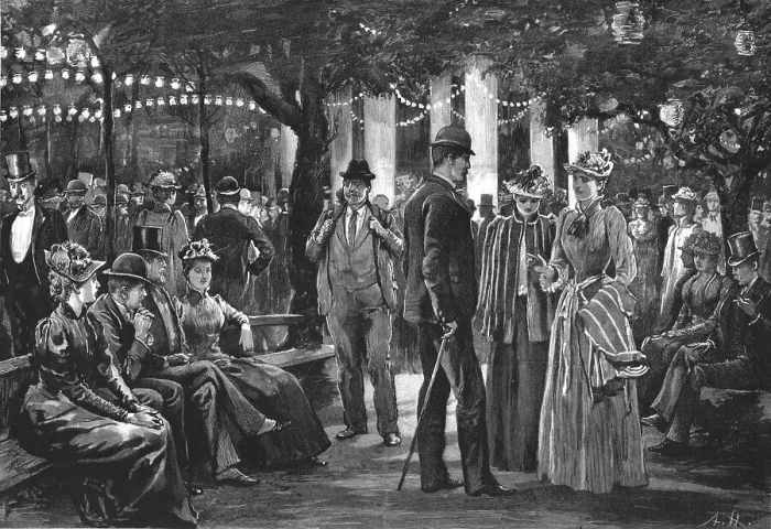 Framed Print : The Evening Promenade at the German Exhibition, 1891. Creator: Arthur Hopkins Framed Print : The Evening Promenade at the German Exhibition, 1891. Creator: Arthur Hopkins